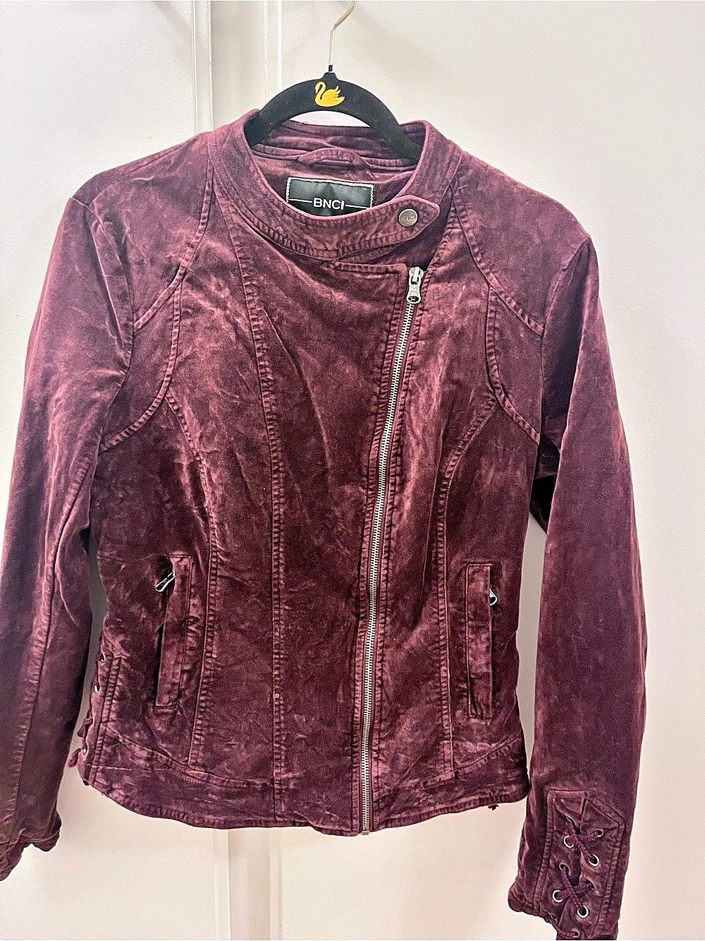 BNCI Burgundy Crushed Velvet Moto Jacket Size M Lace-Up Sides Asymmetric Zip